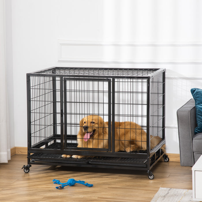 Heavy-Duty 43" Metal Dog Kennel - Rolling Pet Cage with Crate Tray, Black, Large Size - Ideal for Large Dog Security and Comfort