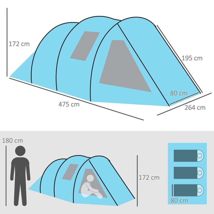 Two-Room Tunnel Tent for 3-4 People - Camping Shelter with Windows and Protective Covers - Ideal for Fishing, Hiking, Sports Events, and Festivals