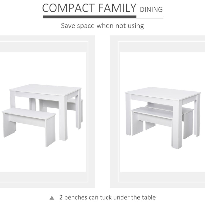 Space-Saving White Kitchen Dining Table Set with 2 Benches - Compact Table and Chairs for Small Areas - Ideal Furniture Solution for Apartments and Studios