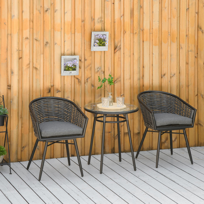 Rattan Bistro Set 2-Seater - Wicker Garden Furniture with Round Table and Cushions, Grey - Ideal for Patio and Balcony Comfort