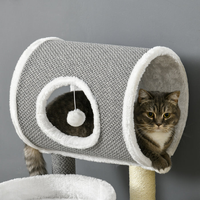 Indoor Cat Playhouse with Multi-Level Scratching Post - Includes Cozy Bed, Fun Tunnel & Hanging Toy Ball - 48x48x73cm Entertainment Center for Playful Cats and Kittens