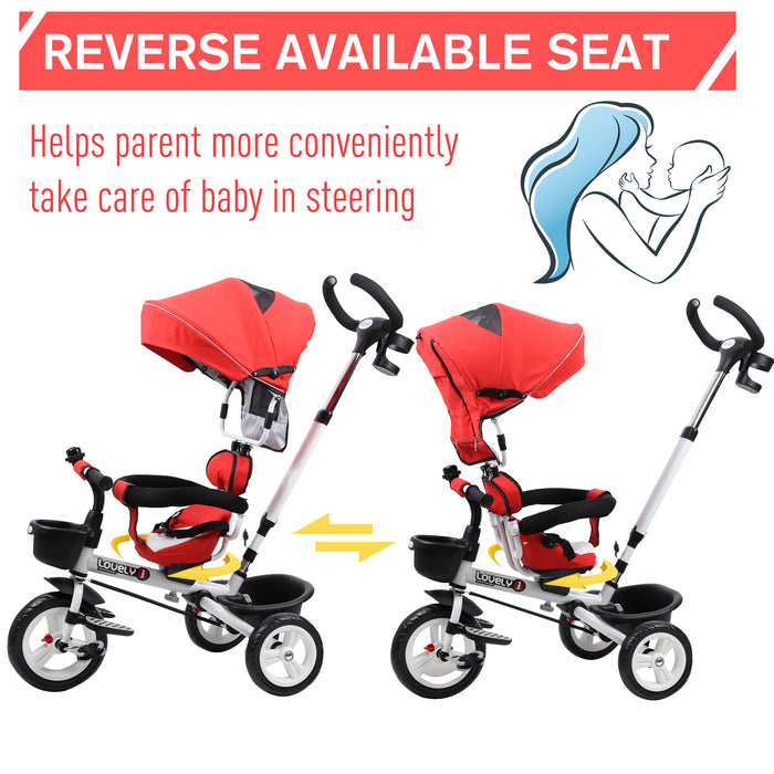 4-in-1 Convertible Child's Tricycle with Stroller Capabilities and Sun Canopy - Red - Perfect for Outdoor Family Adventures and Growing Toddlers
