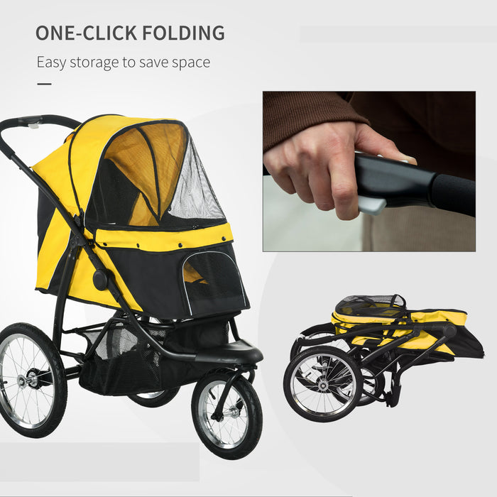 Foldable Pet Jogging Stroller - Medium & Small Dogs and Cats Pram with 3-Wheel Design & Adjustable Canopy in Yellow - Ideal for Pet Parents on the Go