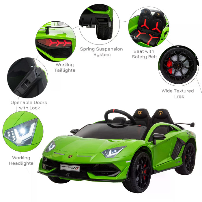 Lamborghini Aventador Ride-On Car for Kids - 12V Battery-Powered Electric Sports Racing Toy with Music, Green - Includes Parental Remote Control for Safe Play