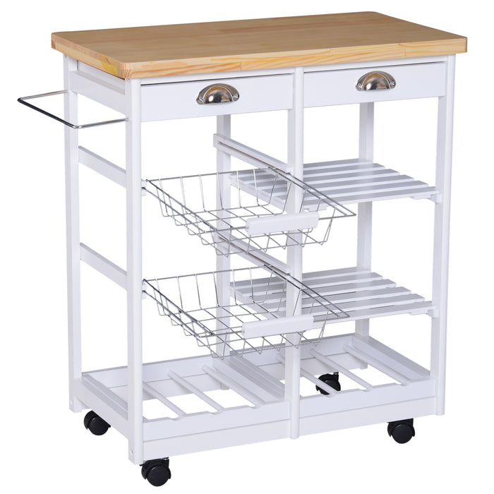 Kitchen Island Trolley Cart with Wine Rack - Rolling Storage Unit with Drawers, Shelves, and Basket on Wheels - Versatile Organizer for Home Chefs and Entertaining