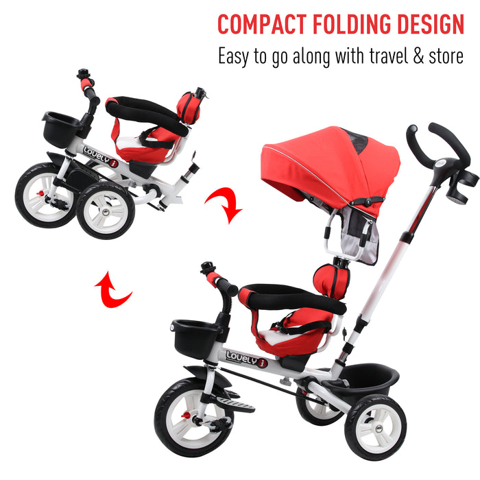 4-in-1 Convertible Child's Tricycle with Stroller Capabilities and Sun Canopy - Red - Perfect for Outdoor Family Adventures and Growing Toddlers