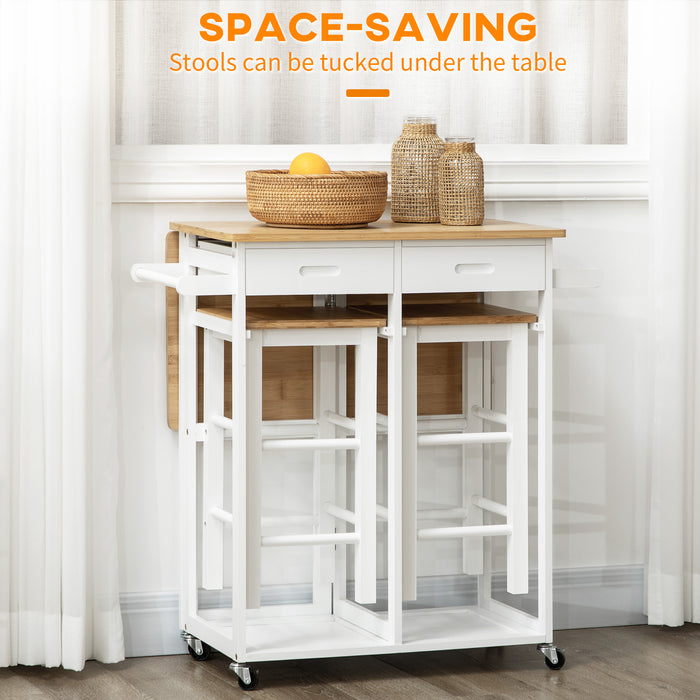 Bamboo Kitchen Island Set with Stools - Rolling Breakfast Cart with Drop Leaf, Drawers, Towel Rack - Space-Saving Dining Solution for Small Apartments