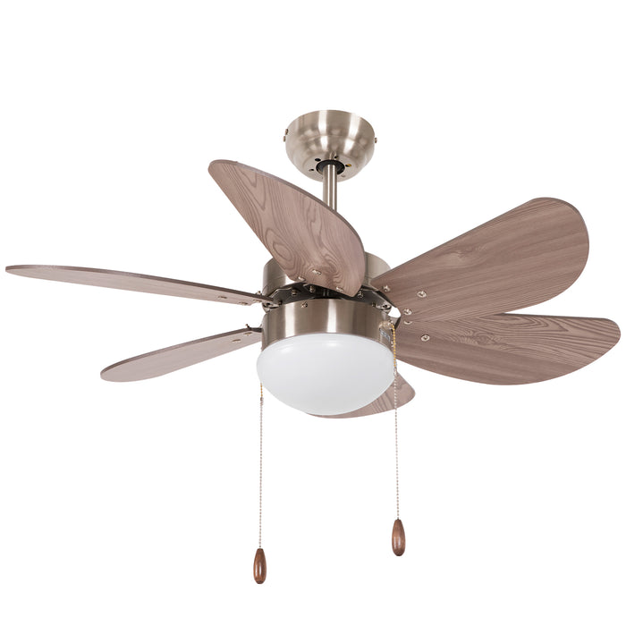 Flush Mount LED Ceiling Fan - 6 Reversible Blades & Walnut Brown Design with Pull-Chain Control - Ideal for Indoor Cooling & Lighting