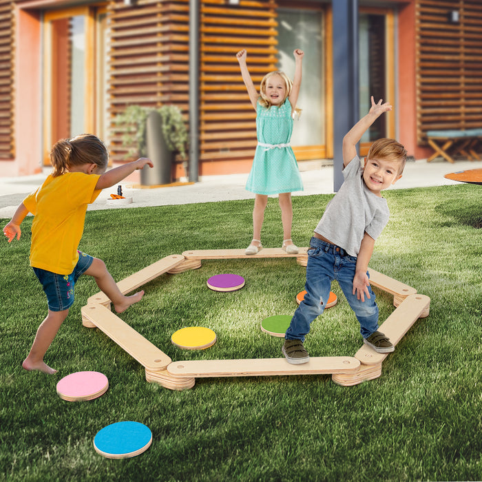 Kids' Fun Playset - 12-Piece Wooden Balance Beam and Colorful Stepping Stones - Encourages Coordination and Balance for Children
