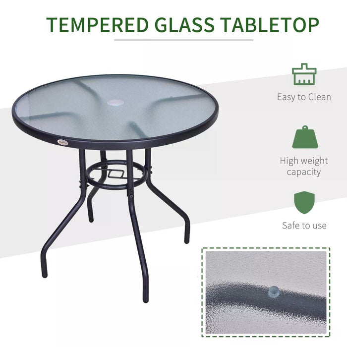 Tempered Glass Top Steel Outdoor Table - 80cm Round Dining Table with Parasol Hole for Garden - Ideal for Patio Dining and Entertainment