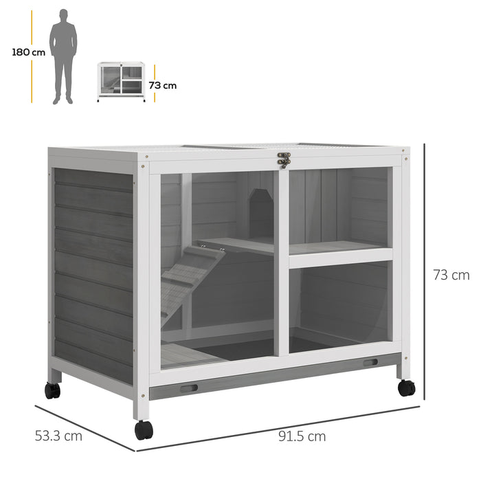 Wooden Pet Habitat - Rabbit & Guinea Pig Hutch with Pull-Out Cleaning Tray, Opening Roof, and Wheels - Ideal for Small Animals Comfort & Easy Mobility