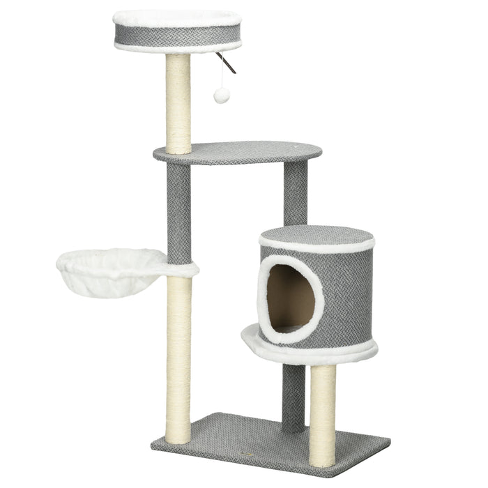 Multi-Level Cat Tree with Scratching Posts for Indoor Use - 124cm Tall Kitten Climbing Tower with Cozy Perches - Ideal for Playful Cats and Scratching Enthusiasts