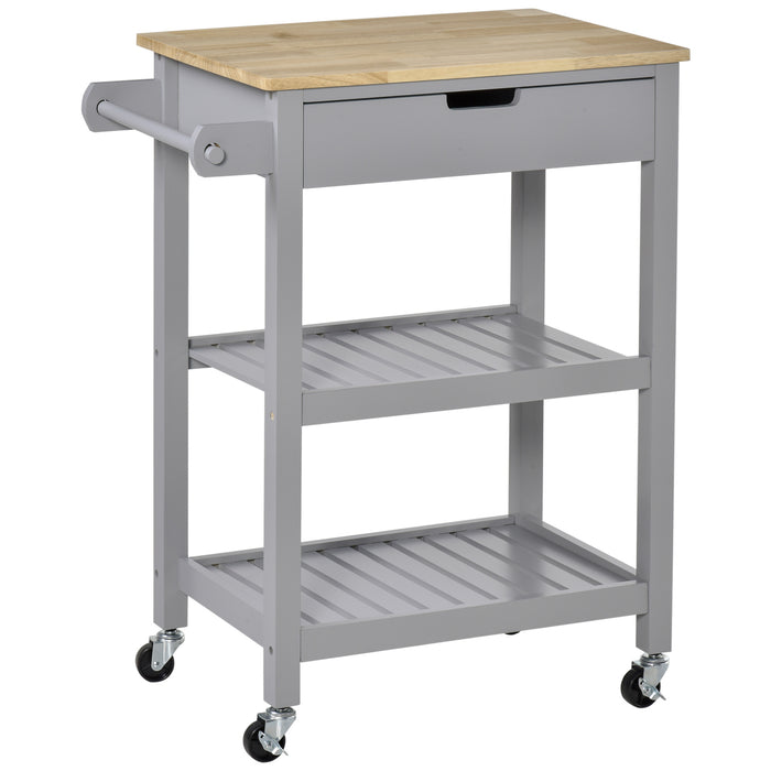 Rubberwood Top Kitchen Trolley - Rolling Utility Cart with Towel Rack, Storage Shelves & Drawer - Mobile Serving Solution for Dining Spaces in Grey