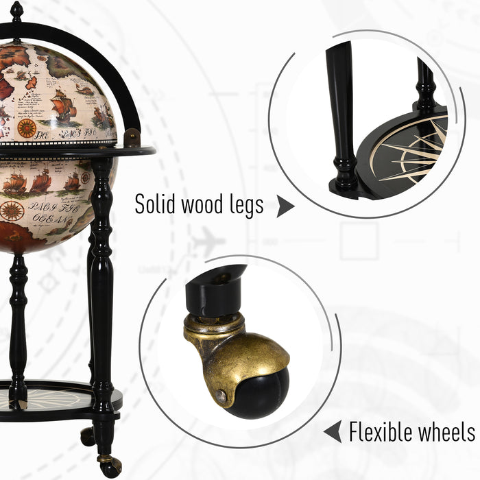 Elegant Globe-Shaped Drinks Cabinet with Wood Frame - Mobile Bar Cart with 3 Compartments, Bottom Shelf, and 4 Wheels - Sophisticated Safe Storage for Bottles and Glasses, Antique Brown and Beige Design