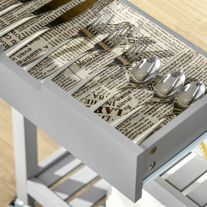 Rubberwood Top Kitchen Trolley - Rolling Utility Cart with Towel Rack, Storage Shelves & Drawer - Mobile Serving Solution for Dining Spaces in Grey