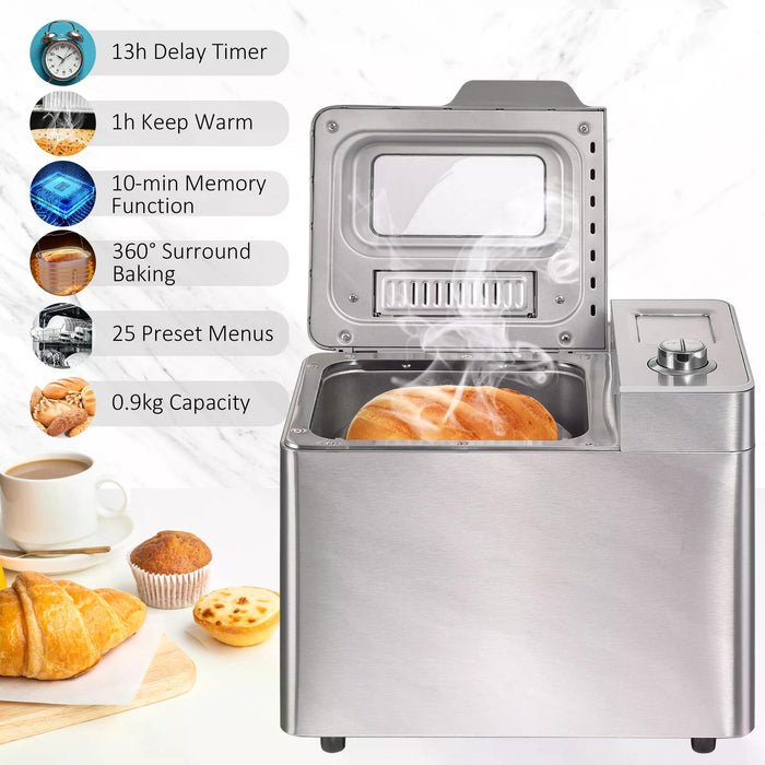 25 in 1 Programmable Bread Machine with 0.9 KG Capacity - Stainless Steel Dough Maker, Auto Fruit Nut Dispenser, Nonstick Pan - Ideal for Baking Custom Loaf Sizes, 550W Power