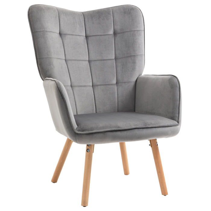 Velvet-Touch Tufted Wingback Armchair - Upholstered, Modern Leisure Lounge Club Sofa with Wooden Legs in Grey - Elegant Furniture for Stylish Comfort & Relaxation