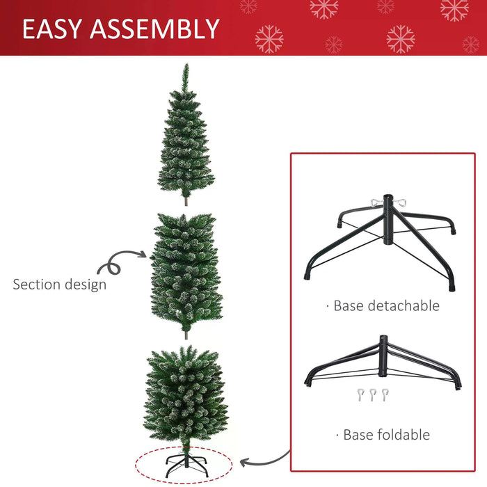 Artificial Snow-Dipped 6.5ft Christmas Tree - Slim Pencil Design with Black Foldable Stand for Holiday Decor - Perfect for Indoor Festive Home Adornment