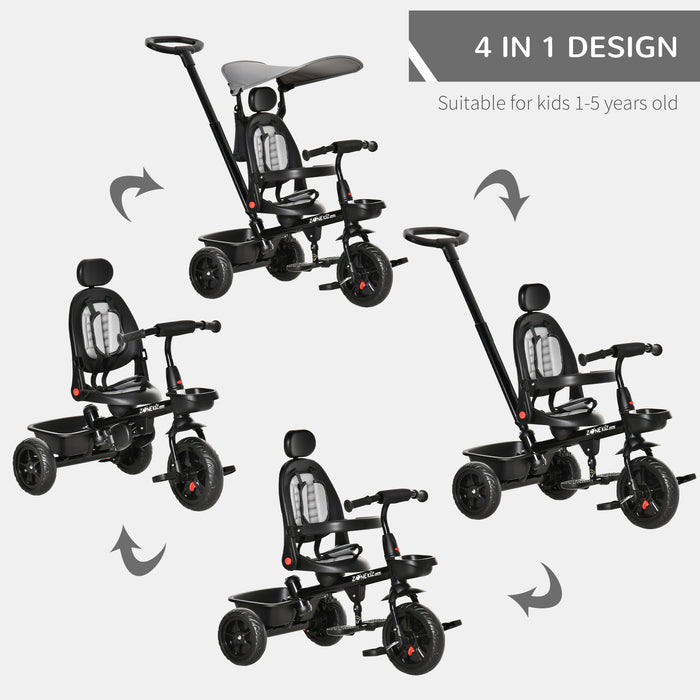 4-in-1 Convertible Trike with Reversible Seat - Adjustable Canopy, 3-Wheel Pushchair Design, Removable Handle for Toddlers - Versatile Outdoor Ride for Children Aged 1-5, Grey