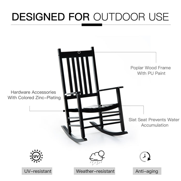 Wooden Patio Rocking Chair - Outdoor Porch Rocker with Armrests, Black - Ideal for Deck, Balcony, and Garden Seating