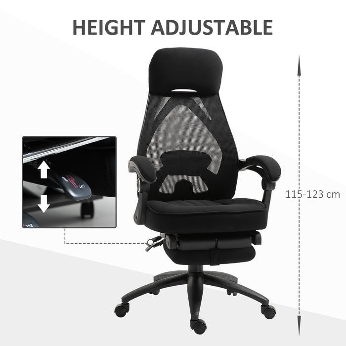 Ergonomic Mesh Office Chair with Extendable Footrest - High-Back Recliner with Adjustable Height and Headrest, in Black - Ideal for Home Office and Lunch Break Relaxation