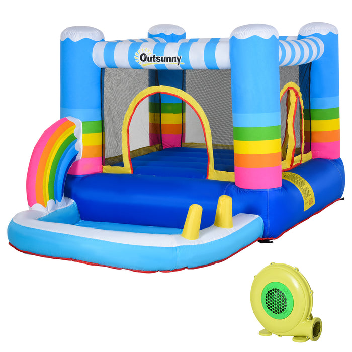 Kids Rainbow Inflatable Bouncy Castle-Trampoline Combo - 2.9 x 2 x 1.55m with Water Pool and Blower - Perfect Outdoor Play Structure for Children Ages 3-12
