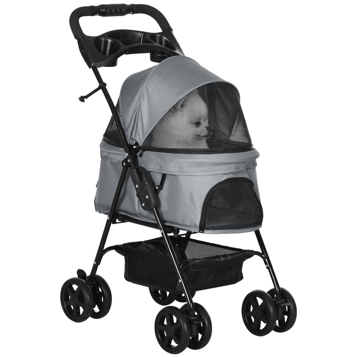 No-Zip Pet Stroller for Dogs and Cats - Travel Pushchair with One-Click Folding, EVA Wheels, Brake, and Basket - Adjustable Canopy and Safety Leash for Secure Outdoor Excursions in Grey