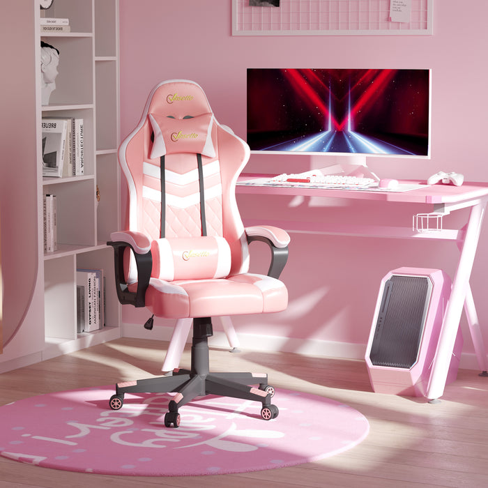 Ergonomic Racing Chair for Gamers - Lumbar Support, Adjustable Headrest, Swivel Wheels, PVC Leather - Comfortable Desk Seating for Home Office Use, Pink & White