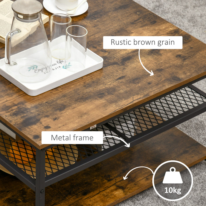 Industrial Square Coffee Table - 3-Tier Storage Cocktail Table, Rustic Brown - Stylish Living Room Organization and Decor