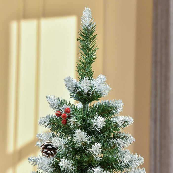 5FT Green Pencil Christmas Tree - Adorned with Red Berries and Pinecones, Foldable Base - Space-Saving Festive Decor for Home Interiors