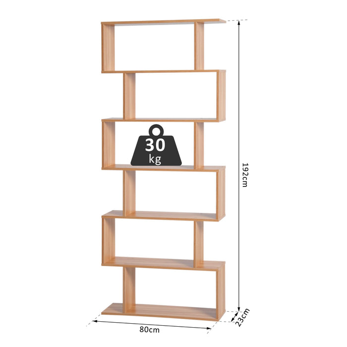 Maple Finish Wooden S-Shaped Bookcase - 6-Shelf Storage Display Unit & Room Divider - Versatile Chest Cabinet for Home or Office Organization