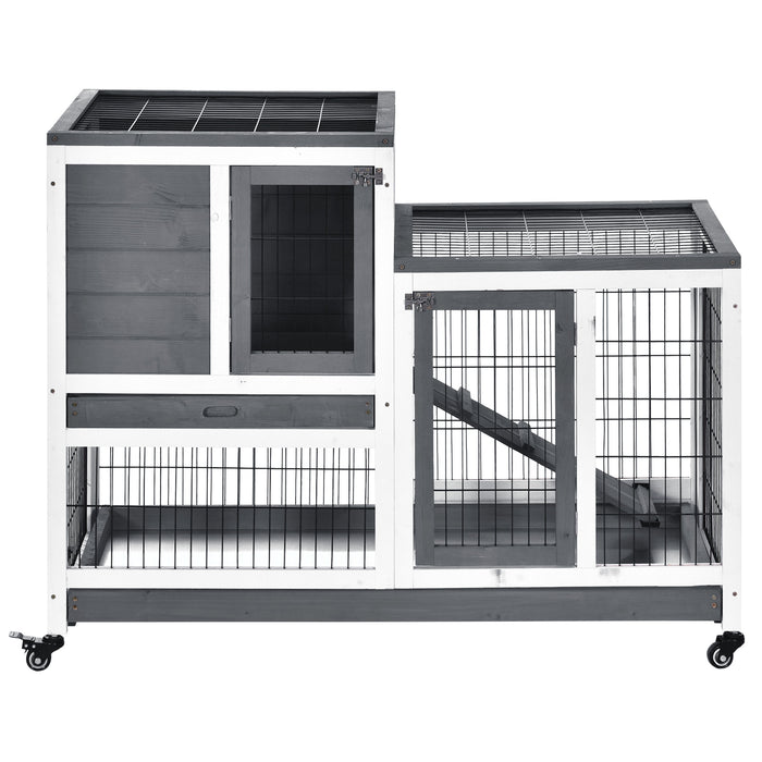 Wooden Rabbit Hutch with Wheels - Indoor Small Animal Cage for Bunnies and Guinea Pigs with Enclosed Run - Durable Pet Home for Comfort and Safety