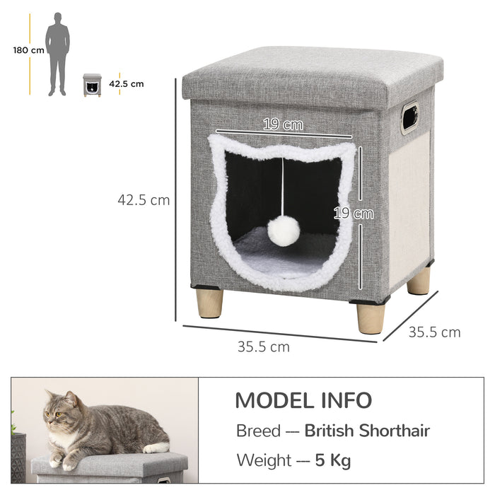 Comfortable 2-in-1 Cat Bed Ottoman - Pet-Friendly Sleeping Cave with Cushion, Scratching Surface, & Handles - Anti-Slip Base with Toy Ball for Cats