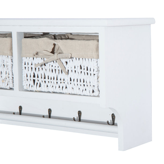 Wall-Mounted Entryway Coat Rack - White Shelf with Wicker Baskets and Hooks, 2-Basket Organizer - Perfect Storage Solution for Home Organization
