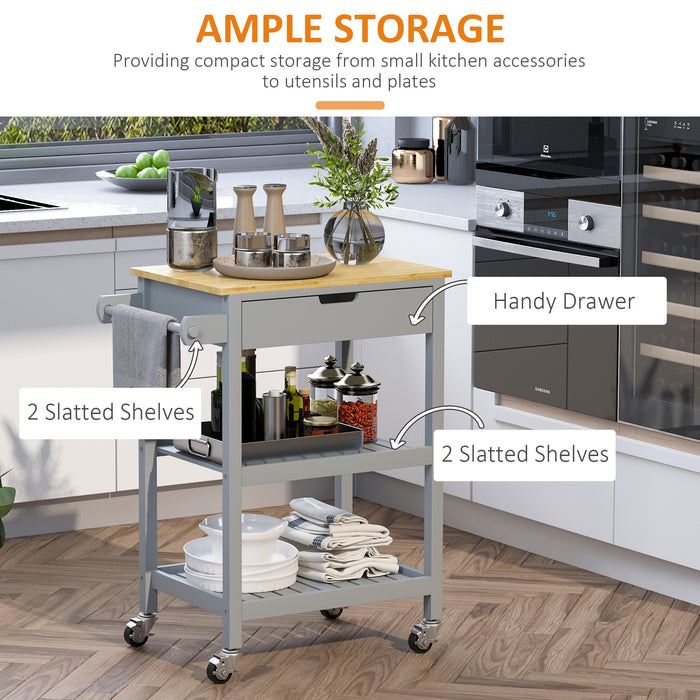 Rubberwood Top Kitchen Trolley - Rolling Utility Cart with Towel Rack, Storage Shelves & Drawer - Mobile Serving Solution for Dining Spaces in Grey