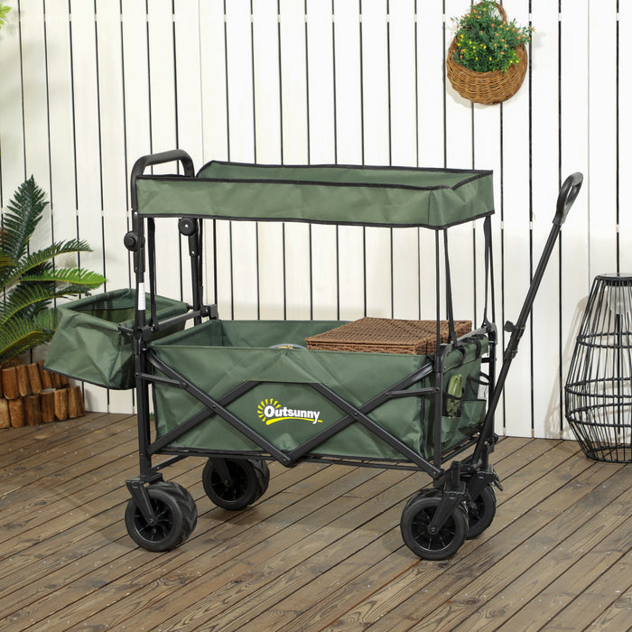 Beach Trailer Folding Trolley - 4-Wheel Storage Wagon with Canopy and Pull Handle - Ideal for Camping and Outings in Green