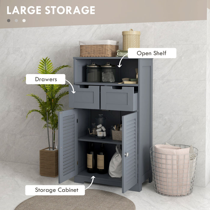 Bathroom Storage Organizer with Louvred Doors - Drawer Cabinet with Open Compartment & Adjustable Shelving - Space-Saving Solution for Washroom Essentials, Grey
