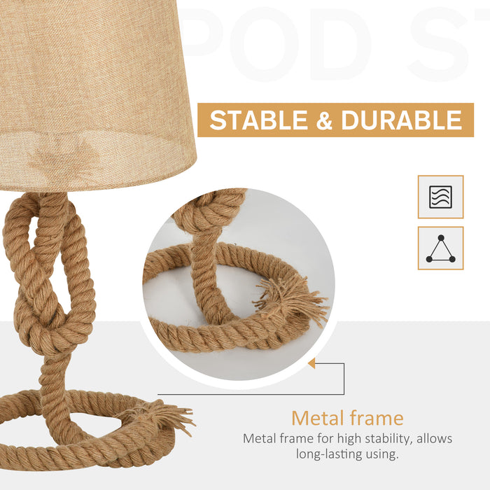 Nautical Rope-Base Table Lamp with Beige Fabric Shade - Metal Frame & Convenient Power Switch - Elegant Lighting Accent for Bedroom, Living Room, or Study