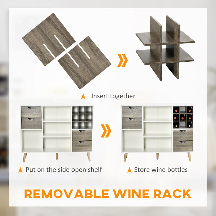 Modern Kitchen Sideboard with Wine Rack - Grey Buffet Table with Drawers and Open Storage - Elegant Dining Room and Living Room Furniture Organizer