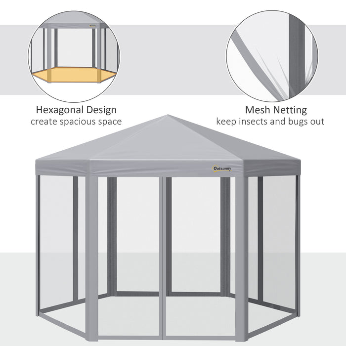 Hexagonal Pop-Up Gazebo 3x3m - Foldable Canopy Tent with Mesh Sidewalls, Adjustable Height, Roller Bag for Easy Transport - Ideal Outdoor Event Shelter for Gardens, Markets, Parties, Grey