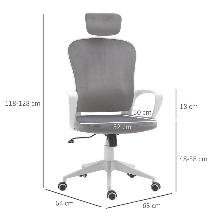 High-Back Velvet Swivel Home Office Chair - Ergonomic Rocking Computer Chair with Wheels, Adjustable Headrest - Comfortable Seating for Work or Gaming Sessions, Grey