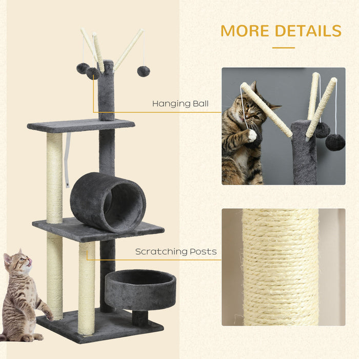 Cat Tree Tower with Scratching Post and Bed - 121cm Height, Kitten Activity Center with Tunnel, Perch & Interactive Ball, Grey - Ideal for Indoor Cats' Play & Rest