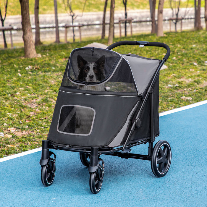 Foldable Dog Stroller with One-Click Setup - Universal Wheels & Built-In Shock Absorber for Smooth Ride - Ideal for Medium and Large Canines, Grey