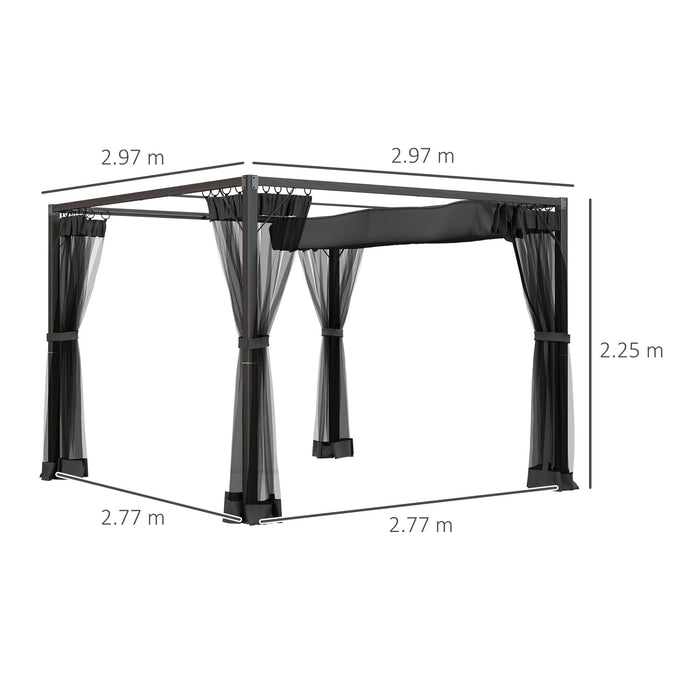 Retractable 3x3m Pergola Gazebo - Garden Shelter with Netting for Outdoor Comfort - Ideal for Grill Area, Patio, Deck – Dark Grey