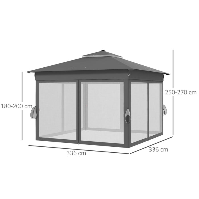 Adjustable 3x3m Pop-Up Gazebo Party Tent with Solar LED Lighting - Sturdy Event Shelter with Curtains and Netting in Grey - Ideal for Outdoor Gatherings and Celebrations