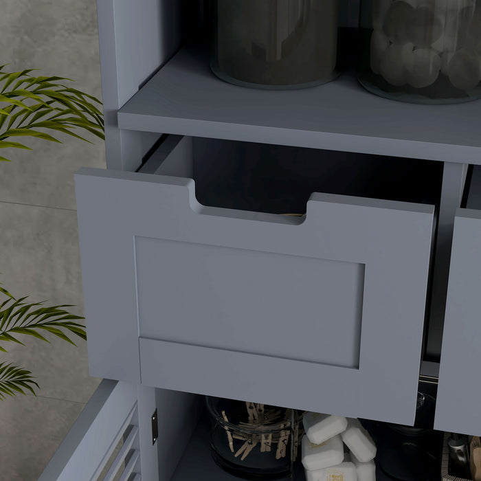 Bathroom Storage Organizer with Louvred Doors - Drawer Cabinet with Open Compartment & Adjustable Shelving - Space-Saving Solution for Washroom Essentials, Grey
