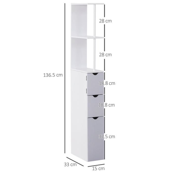 Slimline Freestanding Bathroom Cabinet - Tall Storage Unit with Shelves and Drawers, Toilet Paper Cupboard - Ideal for Organizing Toiletries & Linens in Grey and White