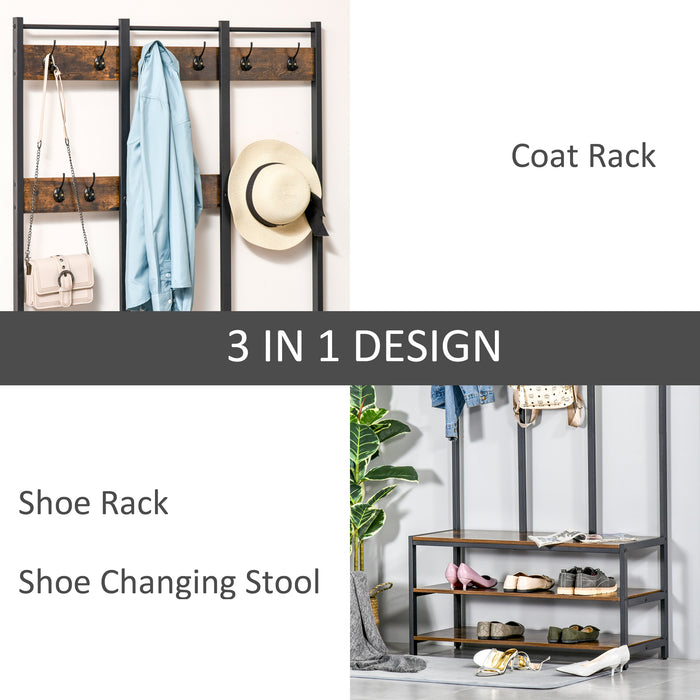 Free Standing Hall Tree with Shoe Bench - Coat Rack with Hooks in Rustic Brown & Black, 100x40x184cm - Ideal for Entryway Organization and Storage
