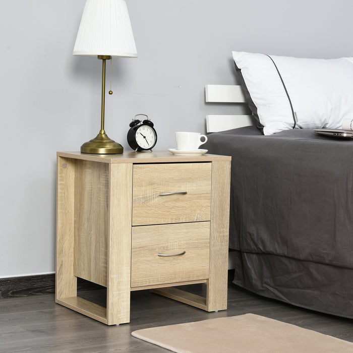 Modern 2-Drawer Oak Brown Bedside Table with Handles and Elevated Base - Contemporary Nightstand with Melamine Finish and Bedroom Storage Solutions - Ideal for Organizing Sleep Space Essentials