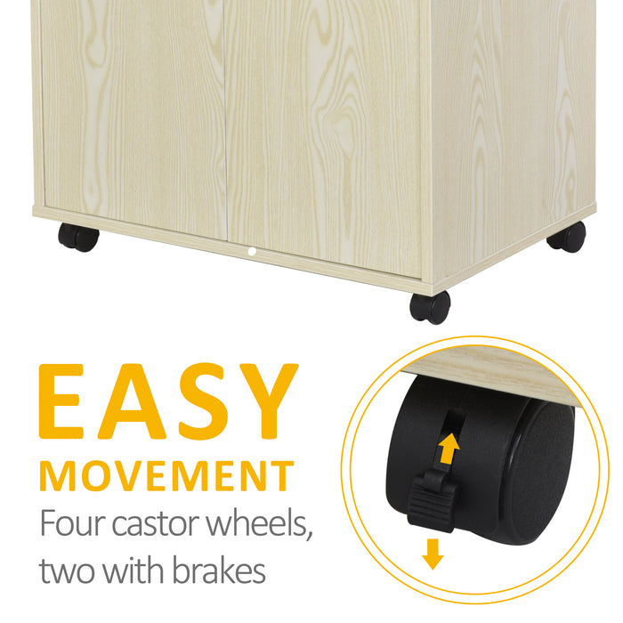 Modern Oak-Tone Microwave Stand with Cabinet - Versatile Kitchen Storage Trolley Cart, Locking Wheels & Sideboard Shelf - Ideal for Dining Room & Living Room Organization